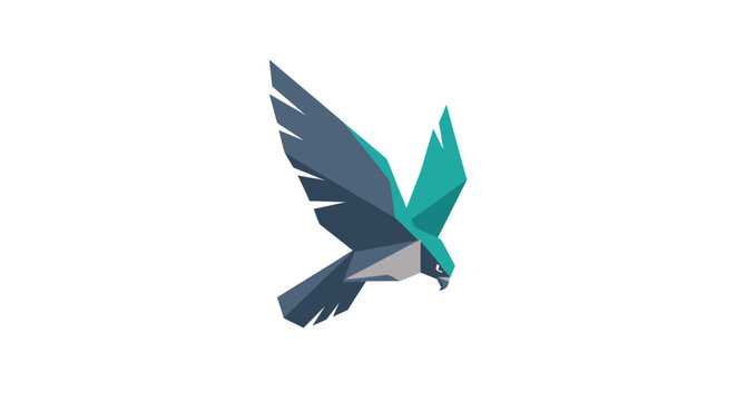 Polygonal bird with blue-green plumage flies against a white background