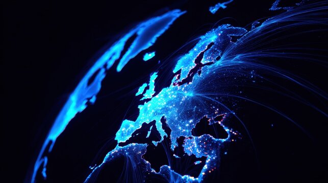 A stylized digital globe illuminated by vivid blue network lines, highlighting interconnected continents afar - Powered by Adobe