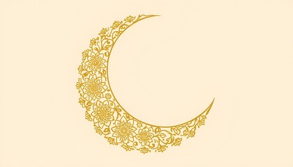 Golden floral ornamental crescent moon design on cream background