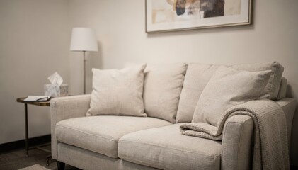 Medium shot capturing a family session corner in a behavioral health room focusing on a comfortable loveseat with minimal therapeutic tools blurred in the background.