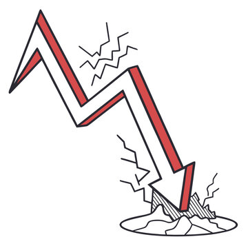 Broken red arrow crashing down symbolizing market decline on white background