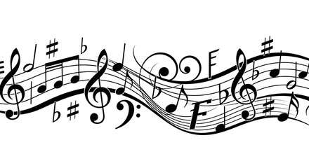 Elegant black musical symbols on curved staff lines graphic