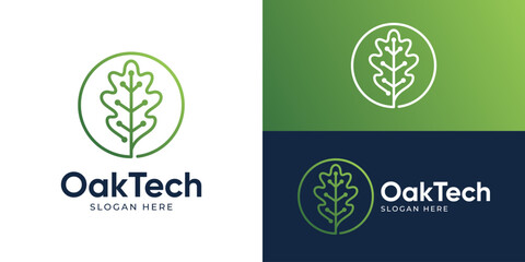 Creative simple oak tech logo template. Oak tree leaf with circuit symbol for Green tech logo design vector illustration.