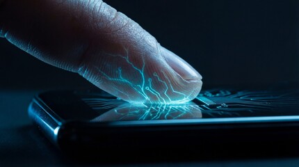 Fingerprint Scan on Smartphone Screen with Glowing Circuitry - Stock Media