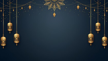 Luxurious dark blue background with hanging golden Ramadan lanterns.