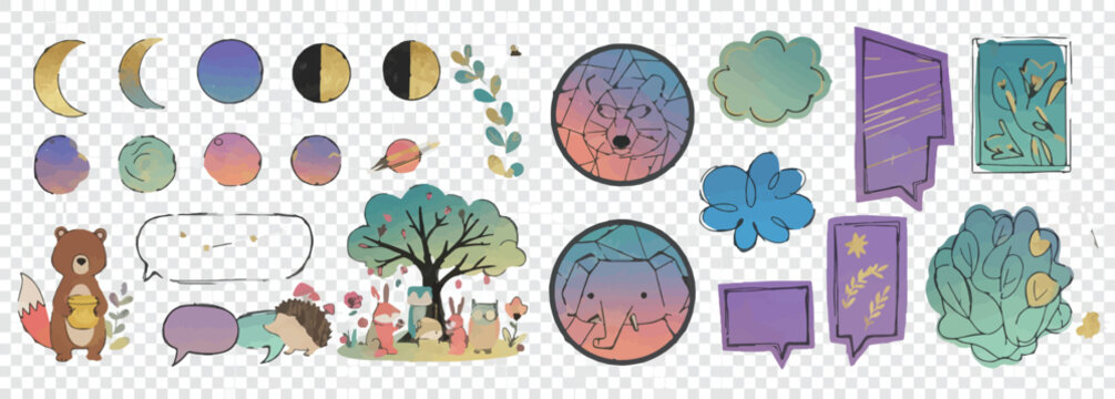 Collection of Whimsical Hand-Drawn Nature, Celestial, and Animal Graphic Elements isolated PNG with Transparent Background