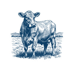 A realistic blue ink drawing of a bull standing in a grassy field, showcasing its muscular build and textured hide. Hand drawn engraving style vector.