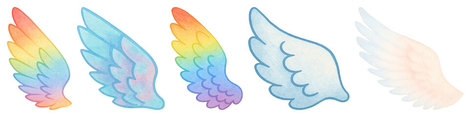 Fototapeta premium PNG Colorful watercolor angel wings, element set on transparent background