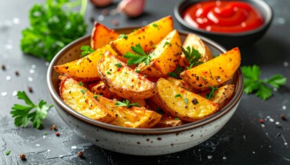 Golden Baked Potato Wedges Seasoned with Herbs and Spices Served in a Bowl with Ketchup Dip and Parsley Garnish hot