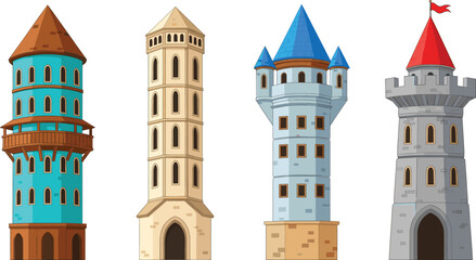 Obraz premium Medieval tower vector set with fantasy castle towers, stone watchtowers and fairytale architecture buildings isolated on white background for game and story design