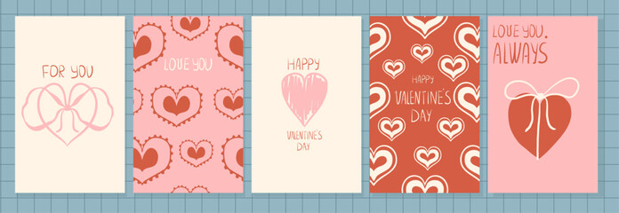 Valentine's Day cards set. Hand-drawn hearts and ribbon bows and repeating heart patterns. Playful handwritten  greetings. Romantic social posters