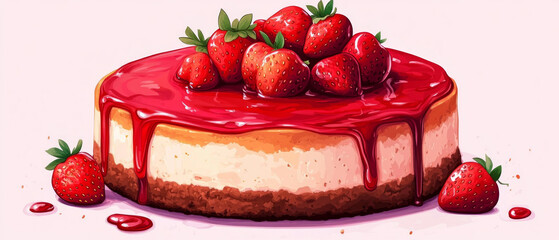 Juicy strawberries adorn an appetising dessert with a glossy glaze, emphasising its freshness and sweetness, ideal for culinary blogs or as the main background for a café menu.