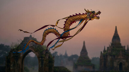 Majestic Golden Dragon Kite Soaring Through a Sunset Sky Above Ancient Temples