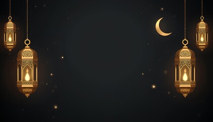 Golden Ramadan Lanterns and Crescent Moon on Dark Night Background