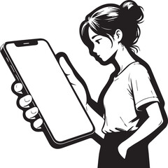 Minimalist Line Art Illustration of a Young Woman Using a Smartphone