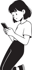 Minimalist Line Art Illustration of a Young Woman Using a Smartphone