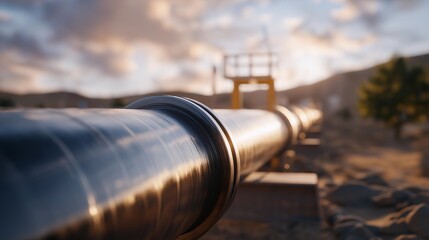 A remote industrial scene features a pipeline in desert conditions, reflecting isolation, scale, and advanced construction technology. cinematic color correction, natural uneven lighting yet gentle