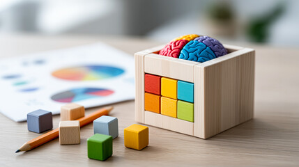 Colorful brain puzzle toy stimulating creativity and cognitive skills on wooden desk