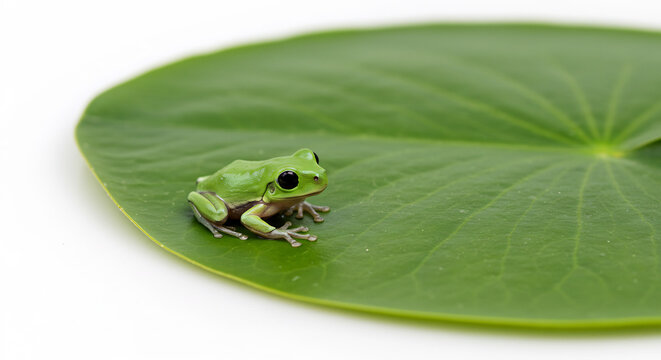 Lebhafter kleiner gr&uuml;ner Baumfrosch ruht auf einem frischen Seerosenblatt hell und scharf auf wei&szlig;em Hintergrund abgebildet