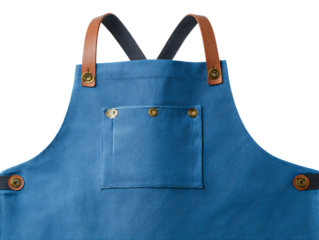 A close-up shot of a stylish blue apron with leather straps and decorative buttons Isolated Transparent Background, PNG