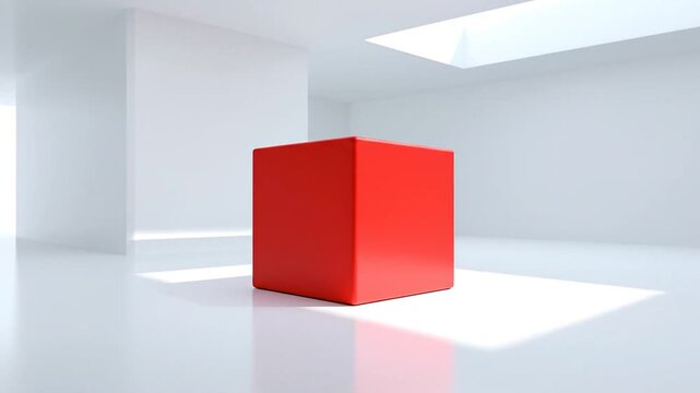A vibrant red cube stands in a bright, minimalist white room with skylights, casting shadows