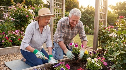 Happy senior couple gardening together in sunny backyard. Active retirement lifestyle concept. Elderly husband and wife planting flowers. Healthy outdoor hobby. Nature care. Spring.