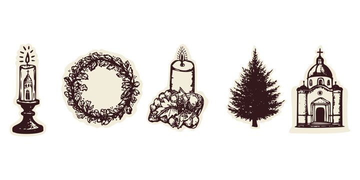 Set of Christian Christmas icon symbols with advent candle, church candles, Christmas tree and chapel monastery retreat collection. Hand drawn vector doodle motif for celebrating the festive season.