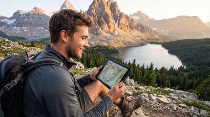 Happy hiker using tablet map in mountains. Young man navigating with gps technology. Adventure travel. Backpacker trekking near lake. Sitting on rock. Finding way. Digital map concept.