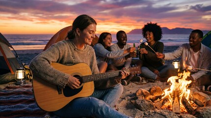 Young woman playing acoustic guitar at beach bonfire party. Friends camping at sunset. Summer vacation lifestyle. Roasting marshmallows. Happy diverse group. Music. Outdoor leisure.