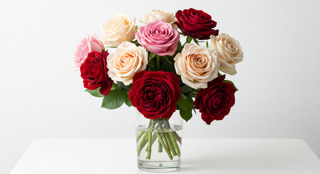Farbenfroher Rosenstrauss in Glasvase vor hellem Hintergrund sanfte Farben strahlen im weichen Licht &auml;sthetisches Blumenarrangement