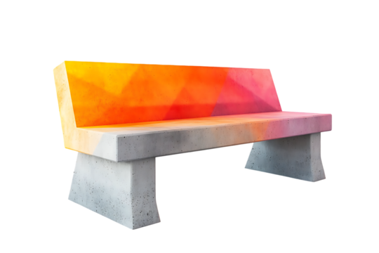 Modern concrete bench with colorful abstract geometric pattern in orange and pink tones for park furniture isolated on transparent background - Powered by Adobe