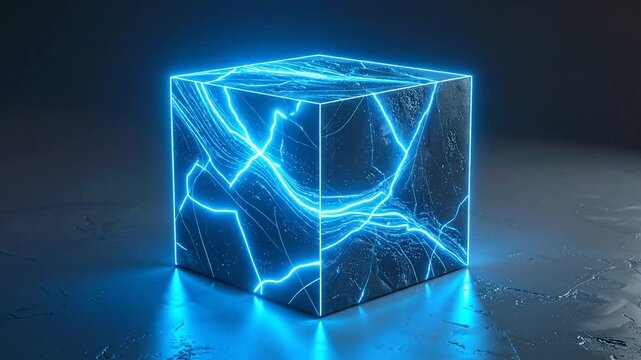 Glowing blue cube with light trails and a cracked surface, set against a dark, shiny backdrop