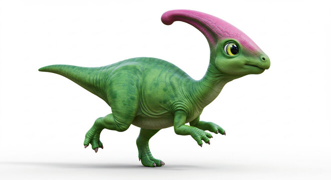 Ein liebenswerter gr&uuml;ner Baby-Dinosaurier mit leuchtend rosa Kamm posiert charmant und detailliert auf klarem wei&szlig;em Grund