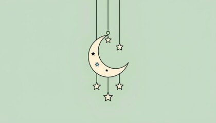Minimalist Hanging Crescent Moon and Stars on Pale Green Background