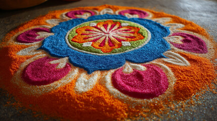 Colorful rangoli design made with colored powder on the ground  