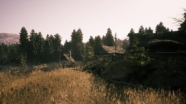 sundrenched ridge of rural homesteads with sparkling thatch highlights, scattered trees, golden grasses in foreground, bright highkey light conveying warm
