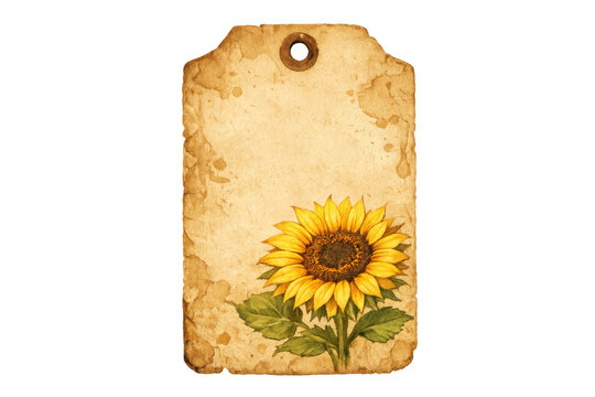 Vintage sunflower tag on aged parchment paper with rusticated texture, ideal for rustic floral labels