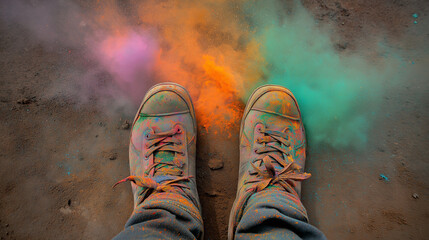 Colorful powder explosion around shoes on ground during festival  