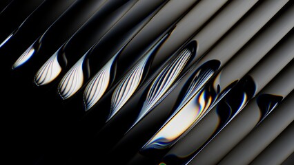 Striped black glass surface with liquid reflections and gradient highlights, sleek and mysterious....