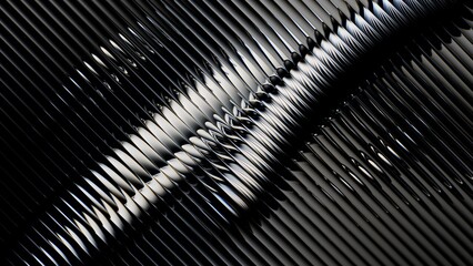 Sculptural black glass with prominent flowing ridges, high-gloss finish and fine diagonal lines.