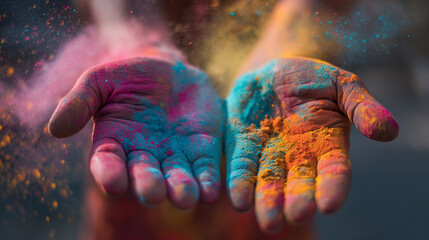 Hands filled with colorful powder during Holi festival celebration. Holi Hands throwing colors  