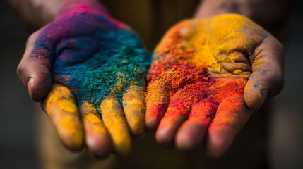 Hands holding colorful powders during festival celebration  