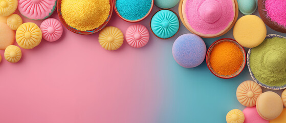 Holi sweets Colorful background. Colorful powdered pigments in bowls and decorative shapes on background  