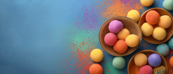 Holi sweets  on blue background with holi powder  