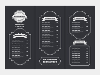 Restaurant food menu template in trifold. Chalk board style food menu design. Trifold flyer for restaurant menu.