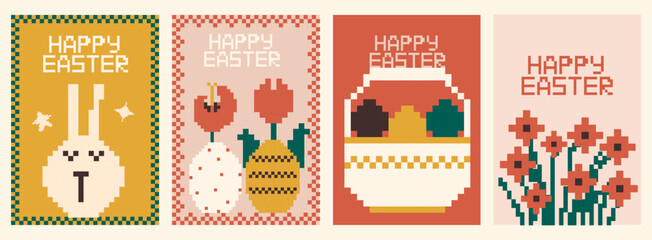 Happy Easter trendy pixel art collection. Geometric bunny, egg, basket and flowers. Retro digital aesthetic and checkered frame. Elements for banner, poster and greeting card.