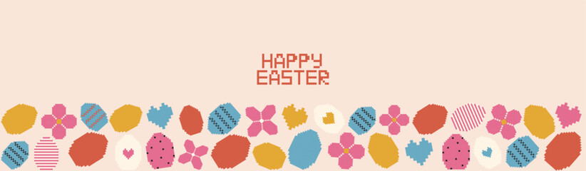 Retro pixel art style Happy Easter horizontal banner with colorful digital eggs hearts and spring flowers.