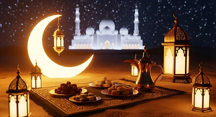 Ramadan Kareem background with crescent moon, glowing lanterns, dates, and mosque at night