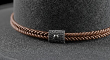 High-Detail Close-up of Dark Felt Hat with Braided Leather Band: Showcasing Quality Craftsmanship and Rustic Apparel Texture for Luxury Product Design.