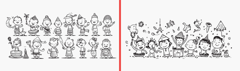 Fototapeta premium kids cartoon characters, children illustration drawings, hand drawn kids figures, black and white cartoon art, cute child characters, playful kids doodles, kids illustration set